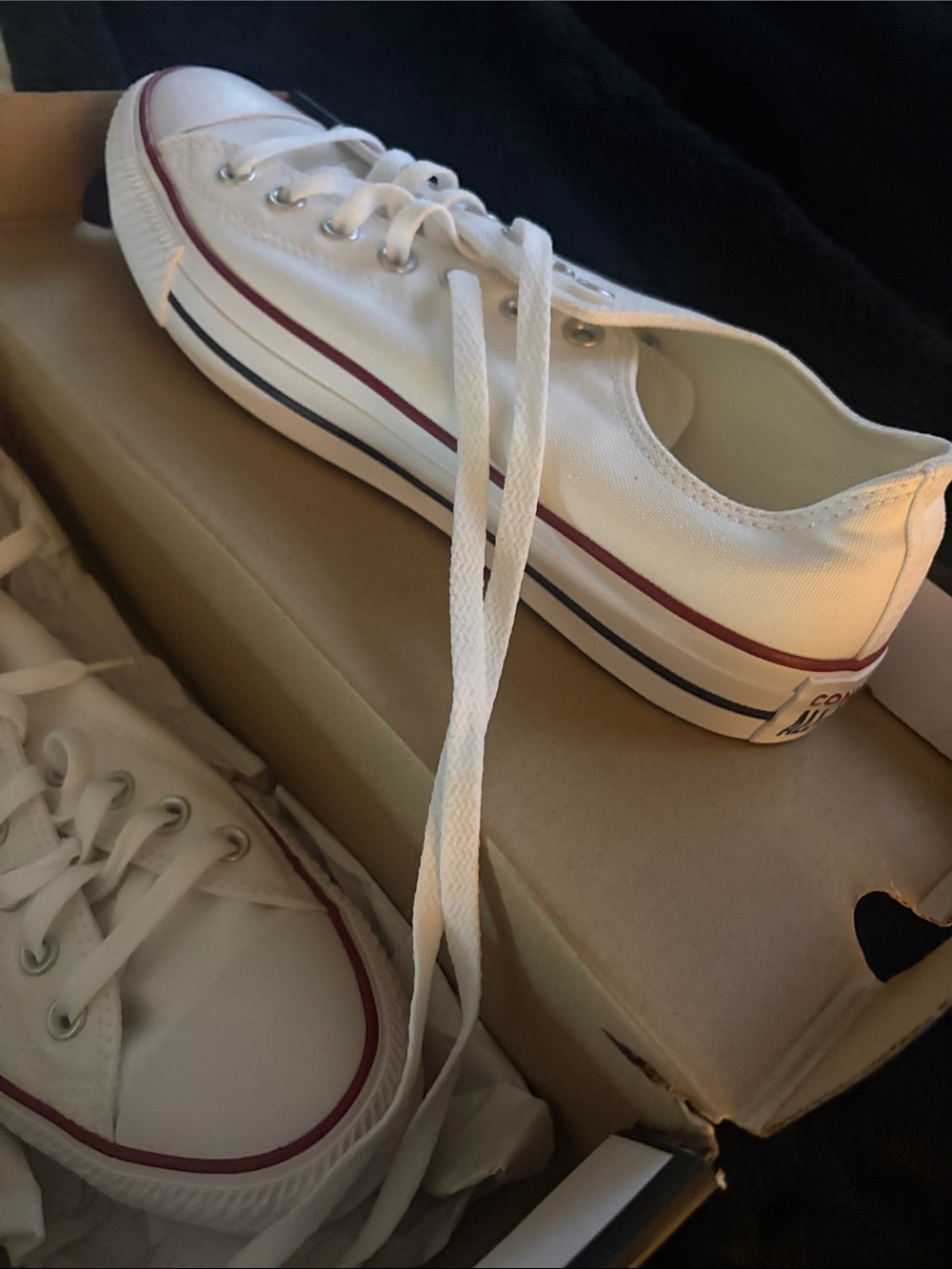 Converse all star White Low-Top Canvas Sneakers with Red and Navy Stripe